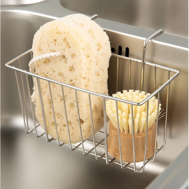 Soporte para esponja de cocina, cesta para fregadero, cepillo para fregadero, escurridor de líquido para lavavajillas, plateado, mediano brillar Hogar