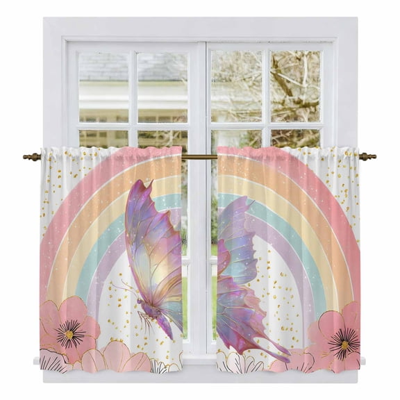 Purple Butterfly Kitchen Curtain for Berdoom Living Room Cafe 45 Inch Length, Cute Rainbow Spring Floral Botanical Tiers Curtains Light Filtering Drapes Rod Pocket Window Treatment 2 Panels 52"Wx45"L