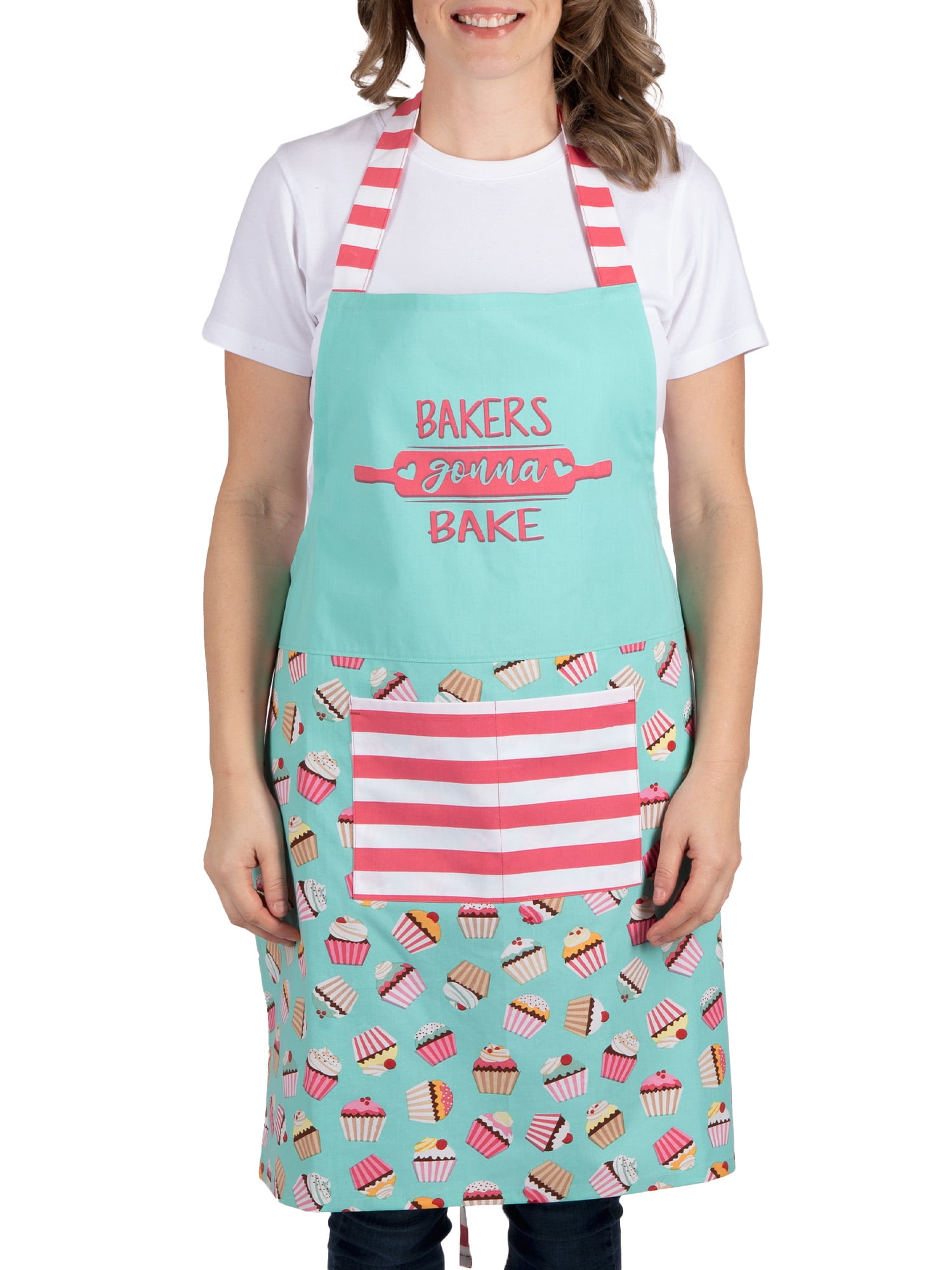 Mainstays Chef Kitchen Apron, 28" x 32" Cupcake Cotton Bib Apron with Pockets for Cooking, Baking, Gardening in Turquoise