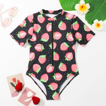 

nsendm Zipper Swimwear Outfits Hollow Bikini Summer Kids Swimwear Girls Watermelon Print Ruffle Girls Swim Practice Suit Swimwear Black 11 Years