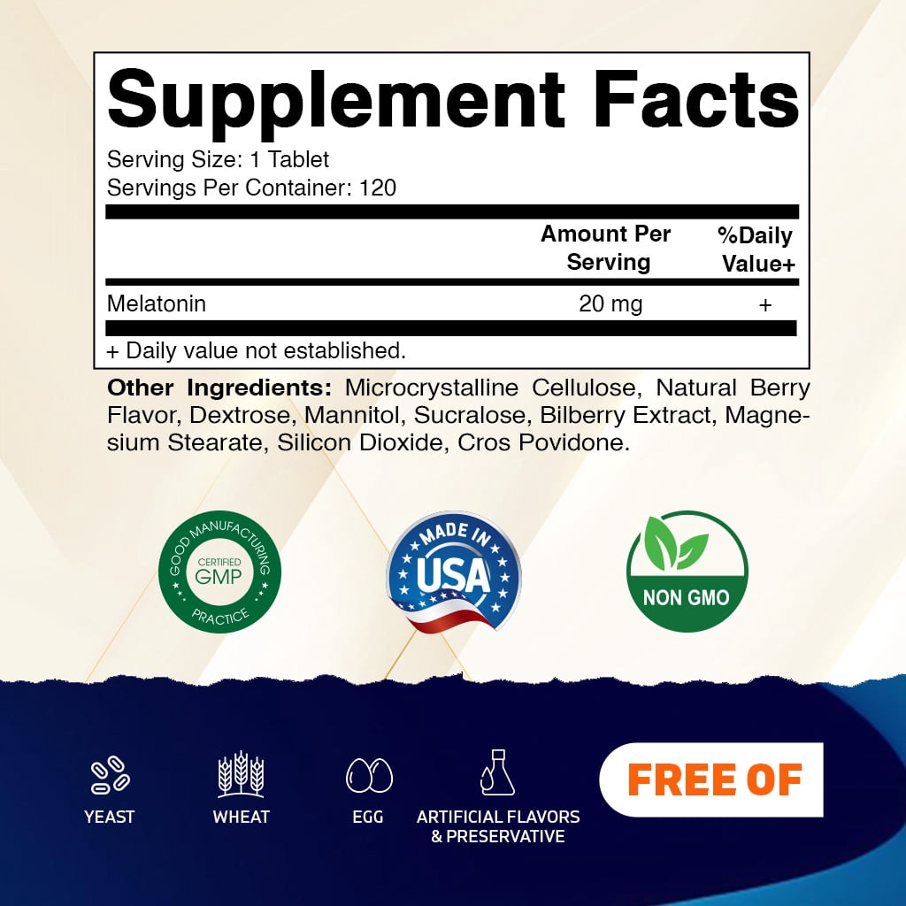 Vitamatic Melatonin 20 mg Fast Dissolve Vegetarian Sleep Aid, 3 Pack, 360 Tablets