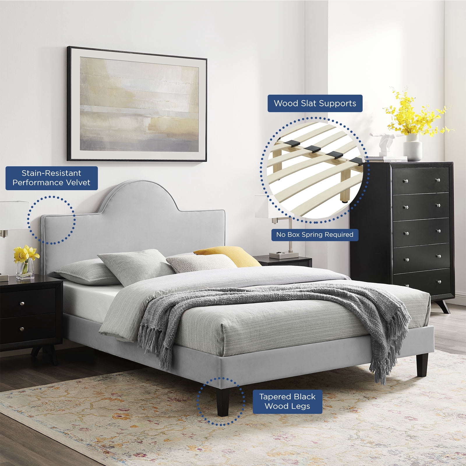 Platform Bed Frame, King Size, Grey Gray, Velvet, Modern Contemporary, Bedroom Master Guest Suite Room