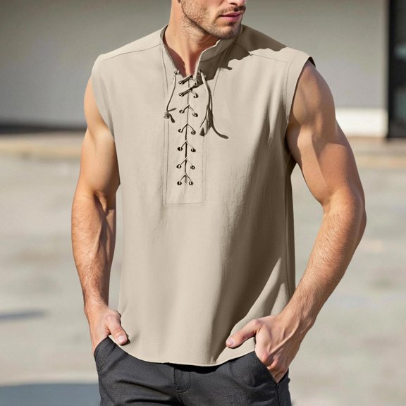 Mens Sleeveless Tank Tops Casual Style Tunic Shirts for Stage Performance Spring Summer Autumn Solid Color Lace Up TeeWhiteL