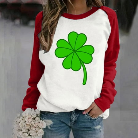 

AOOCHASLIY St.Patrick s Day Women Tops Ladies Saint Patrick s Day Printed Round Neck Long Sleeved T-shirt Loose Top