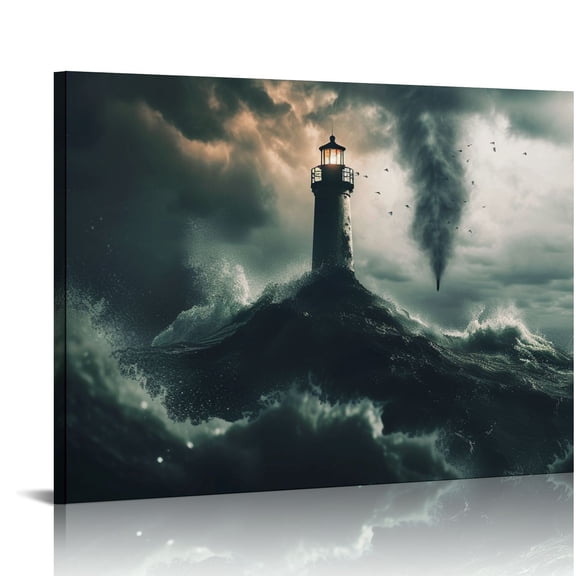 YECHA Lighthouse Canvas Wall Art Ocean Wave Painting Lightning Storm Seascape Pictures on Canvas Artwork for Living Room Home Office Wall Decorations 16x12in