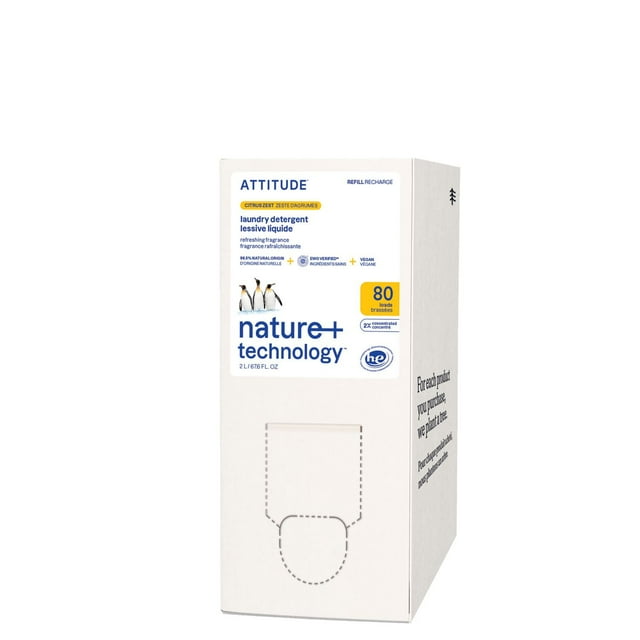 ATTITUDE Citrus Zest liquid laundry detergent refill box featuring nature+ technology, vegan formula, and 80 loads capacity.