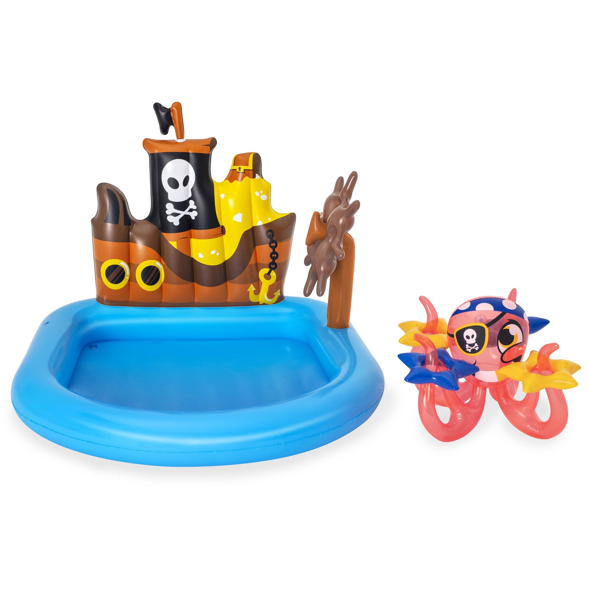 H2OGO! Ships Ahoy Pool Play Center - 55" x 51" x 41" - Bestway, Kids Inflatable Water Play Set, Includes Inflatable Octopus, Compass & 4 Rings, Kids Pirate Themed Pool, 22 Gallon Capacity, Ages 2+