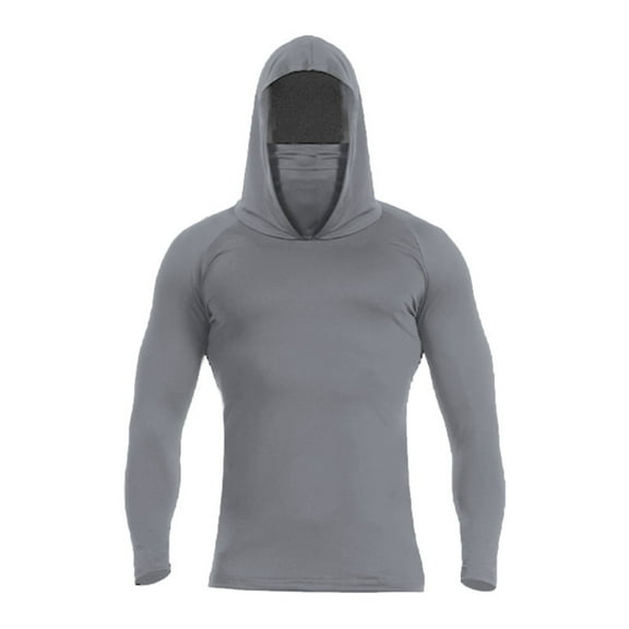 Kixjoy Hooded Long Sleeve Shirt Men Athletic Cool Quick-Dry Hoodie Loose Fit Work Hooded Shirts Lightweight Casual Pullover with Mask, Gray S