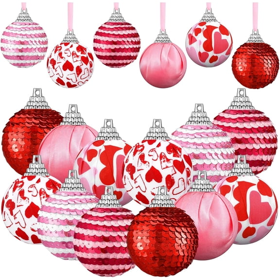 12 Pcs Valentine‘s Day Ball Ornaments Mini Valentine Hanging Tree Ornaments 1.97 Inch Red Pink Heart Glitter Valentine Hanging Ball Bauble Decor for Wedding Anniversary Party, 6 Styles
