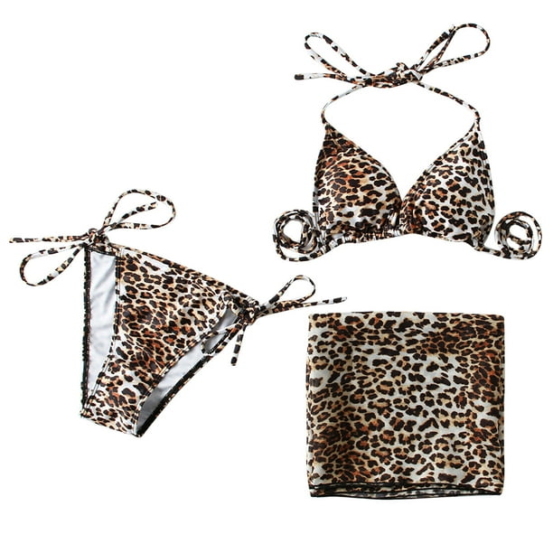 Copa con almohadilla para el pecho y sin soporte de acero Estampado de leopardo Sexy Bikini con tiras Conjunto de tres piezas Fridja nalpqowj23128