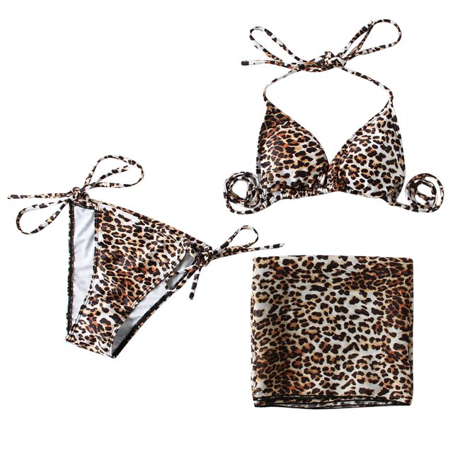 Copa con almohadilla para el pecho y sin soporte de acero Estampado de leopardo Sexy Bikini con tiras Conjunto de tres piezas Fridja nalpqowj23127