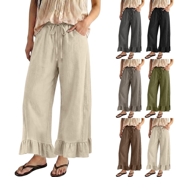 Breezora High Waisted Straight Leg Linen Pants for Women Barrel Style Wide Leg Casual Trousers Lightweight Summer Pull On Bottoms with Back Pockets