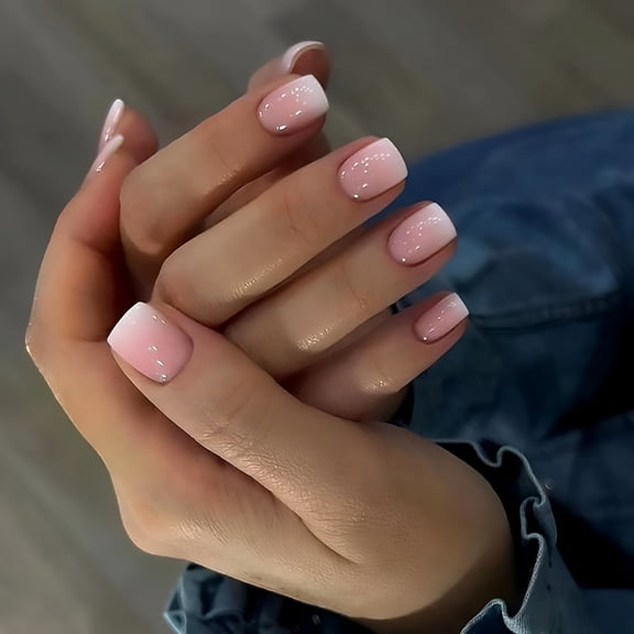 RAGUPEL Short Square Press on Nails, Gradient French Tip Ombre Pink Fake Nails, Full Cover Glue on Manicure Set for Women and Girls