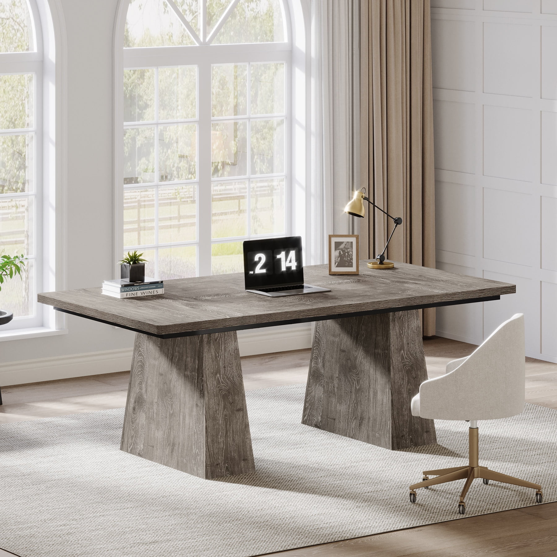 Tribesigns 63" Executive Desk, Modern Office Computer Desk with Double Pedestal, Large Simple Workstations Writing Table Conference Table, Grey