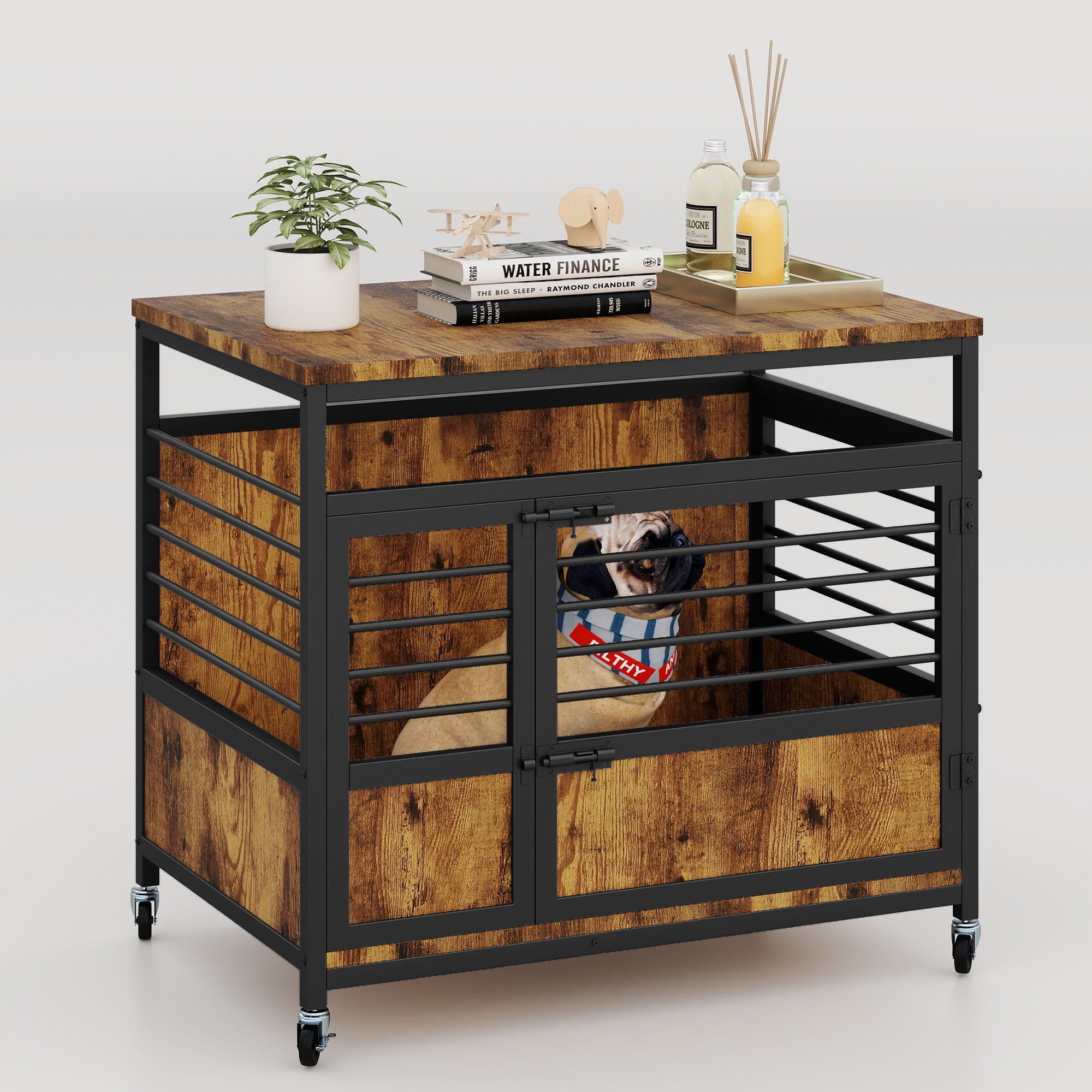 Uforic 32 Inch Dog Crate Furniture with Wheels,Wooden Dog Kennel for Dogs - Rustic Brown