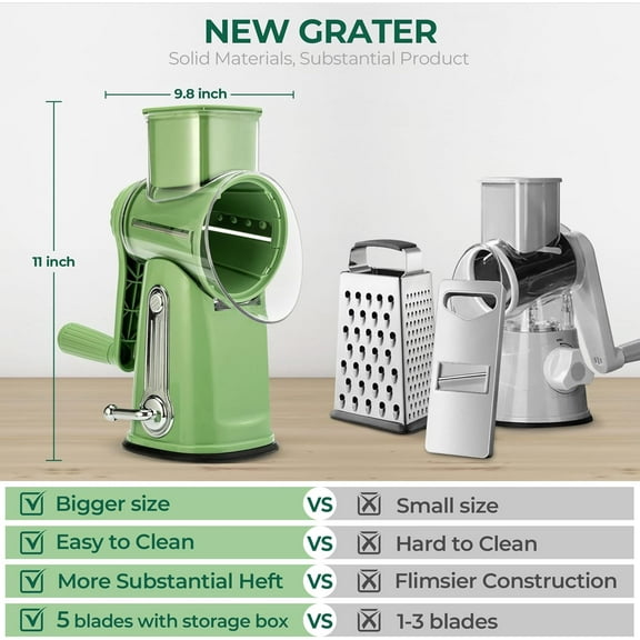 Rotary Cheese Grater with Handle - Vegetable Shredder with 5 Blades & Suction Base, Mandoline Slicer for Kitchen