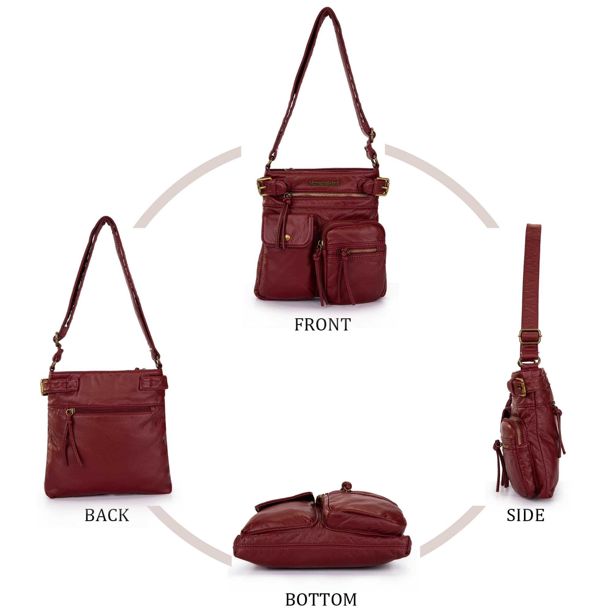 Montana West Crossbody Bag for Women Soft Washed Leather Multi Pocket Shoulder Purses, Burgundy