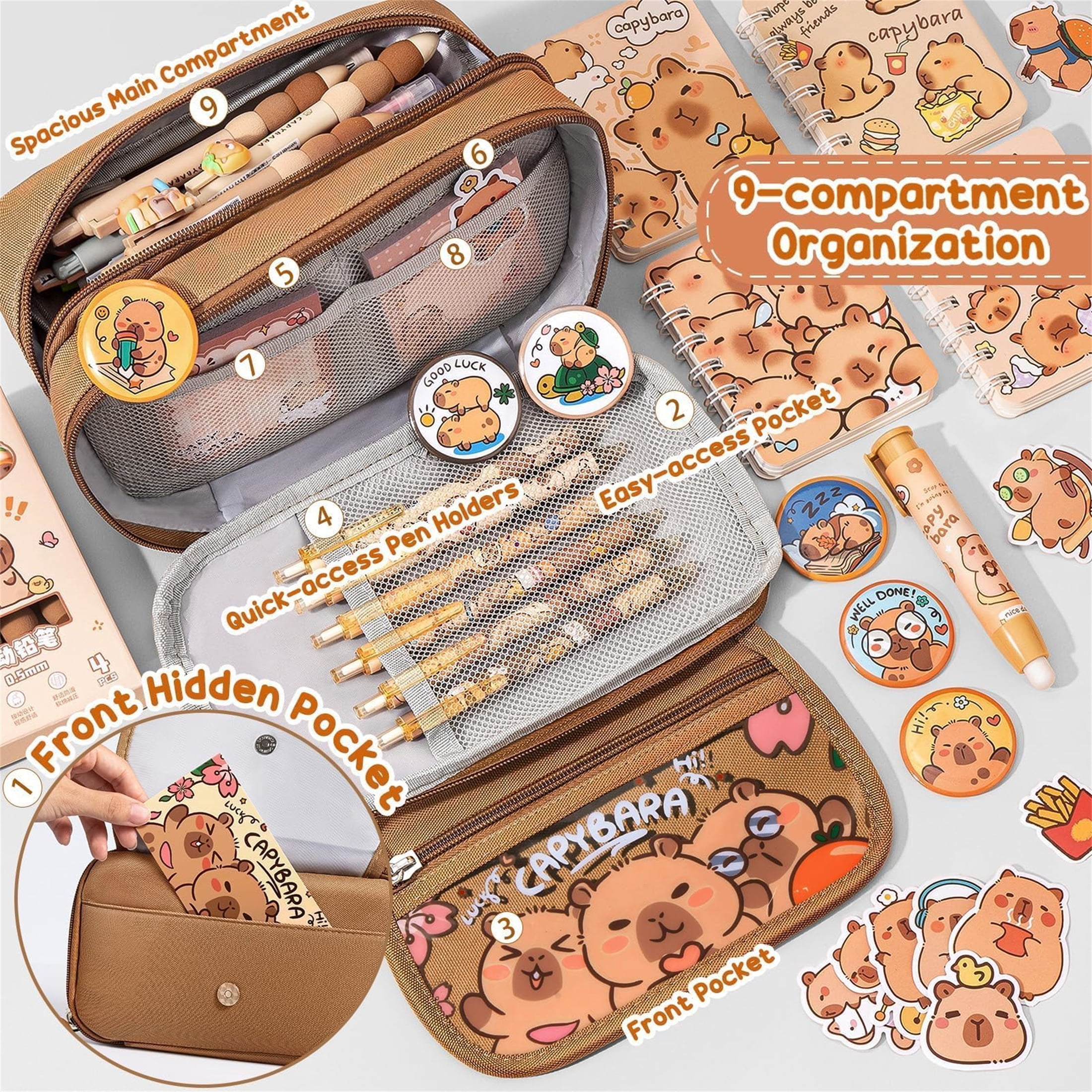 28PCS Kawaii Capybara Backpack with Pencil Case & Stationery Set