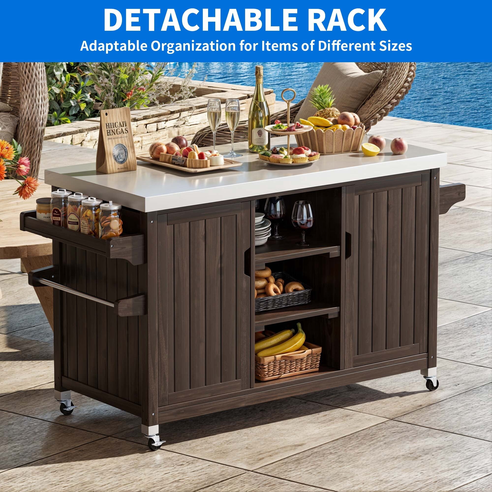 Uforic Outdoor Movable Grill Cart Storage Cabinet, MultiFunctional BBQ Grill Bar Cart, Bar, Prep Table, Rolling Kitchen Island - Brown