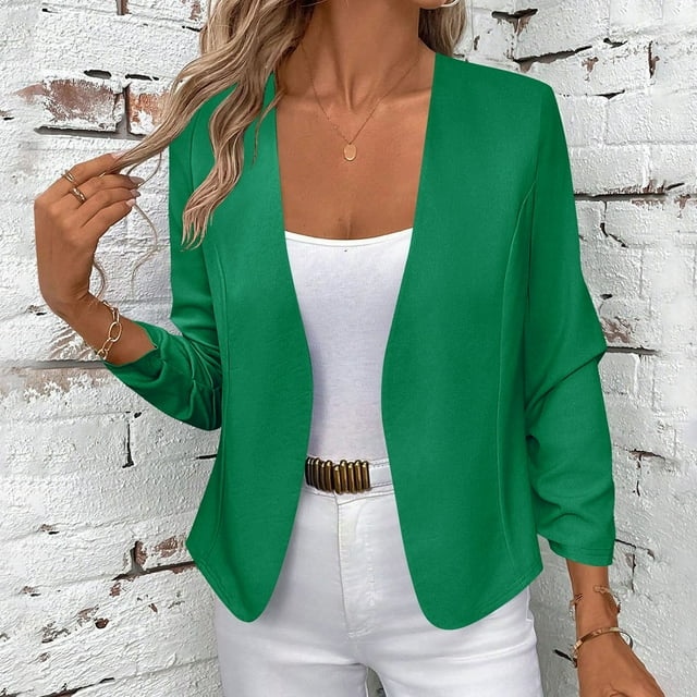 Pincandy Women's Casual Lightweight Jackets Ruched 3/4 Sleeve Open Front Work Office Blazer Suit Jacket