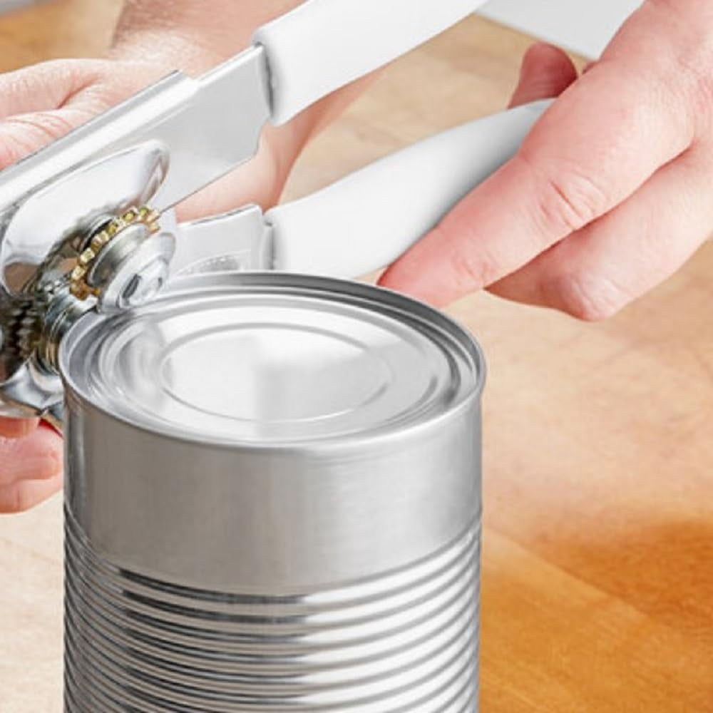TrueCraftware- 8" x 2" x 2-1/2" Manual Can Opener Iron Plated with White Color Plastic Handle- Built-in Bottle Cap Remover Handheld Easy Turn Knob Best Large Lid Openers
