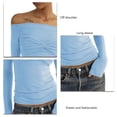 thumbnail image 3 of Long Sleeve Off Shoulder Top Women Elegant Pure Color Slim Fit Mesh Ruched T Shirt Blouse For Party, 3 of 5