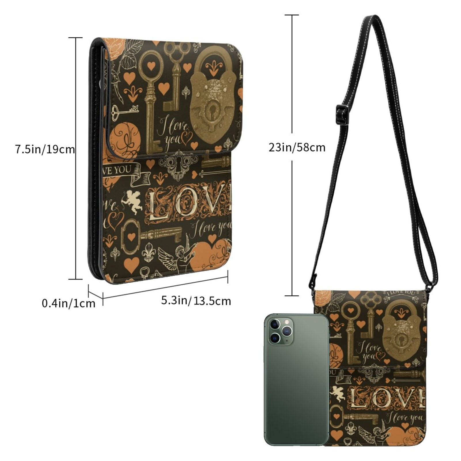 Love Hearts Old Keys Vintage Cell Phone Purse Small Crossbody Bag with Strap Credit Card Slots Leather Shoulder Wallet for Women