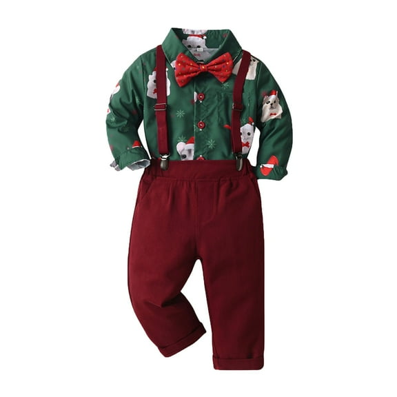 Otqutp Christmas Toddler Kids Boys Gentleman Clothing Sets Long Sleeve Christmas Cat Bowtie Shirts Suspenders Pants Suits 0-7 Years(Green,5-6 Years)