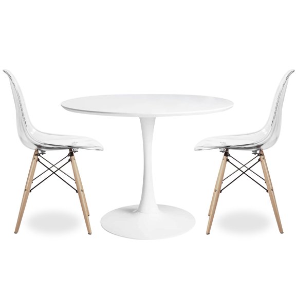 Modholic Tulip 36" Round Wood Dining Table & Set Of 2 Wood Leg Chairs, Clear