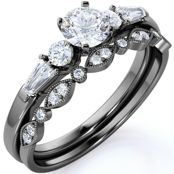 JeenMata 1.50 ct - Circle Cut Moissanite - Vintage - 5 Stone Ring - Art Deco - Scalloped - Wedding Set - 18K Black Gold over Silver