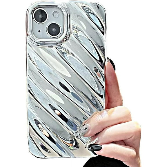 Compatible with iPhone Case,Electro Plated Water Ripple Curly Wave Shape Pattern Camera Lens Protection Soft Shockproof Cover Phone Case (Silver,iPhone 14)