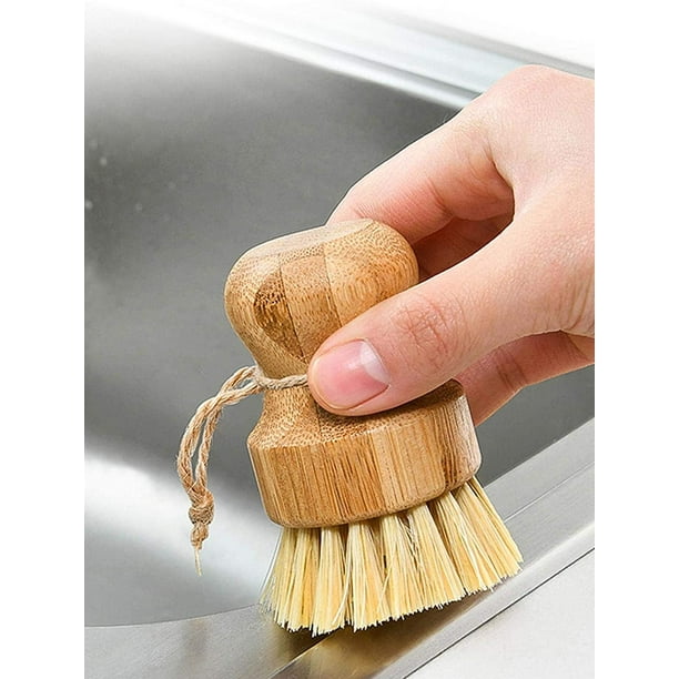 Brosse Vaisselle en Bambou en Bois Naturel, Brosse à Pot de Poils Longue  Manche avec 1 Têtes de Rechange, Laveur de Vaisselle pour La Cuisine