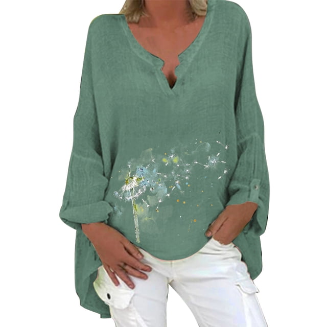 Gibobby Playera TéRmica Ligera Top informal de verano para mujer, camisa de manga larga de lino y algodón estampada, blusa superior de longitud media con cuello en V de Color sólido(Verdinegro, L)