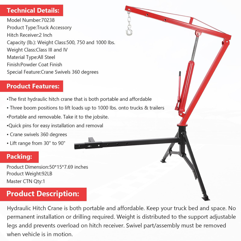 Towallmark 1000LBS Hydraulic Truck Crane, Pickup Truck Crane, Receiver Hitch Mounted with 360 Swivel and 3 Boom Capacities for Workshops Construction, Red
