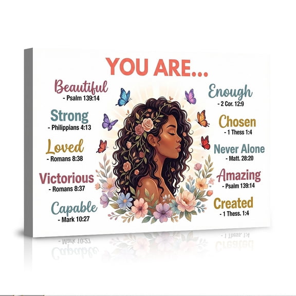 "You Are..." Inspirational Canvas Wall Art, Floral Woman Christian Affirmations, Empowering Bible Verse Decor for Bedroom & Modern Home
