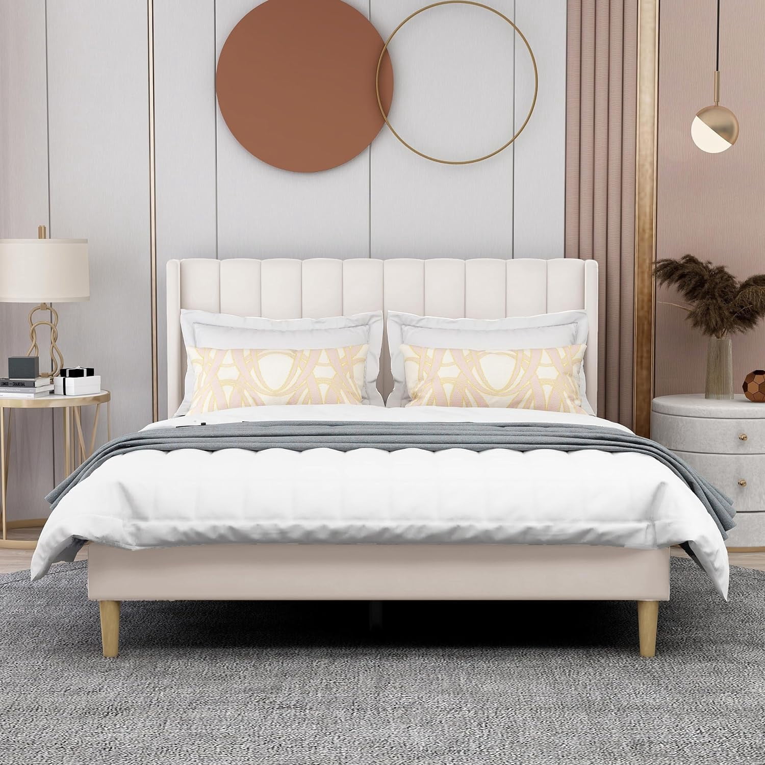 AGARTT Upholstered Platform Full Size Bed Frame with Headboard Wooden Slats Support,Beige Velvet