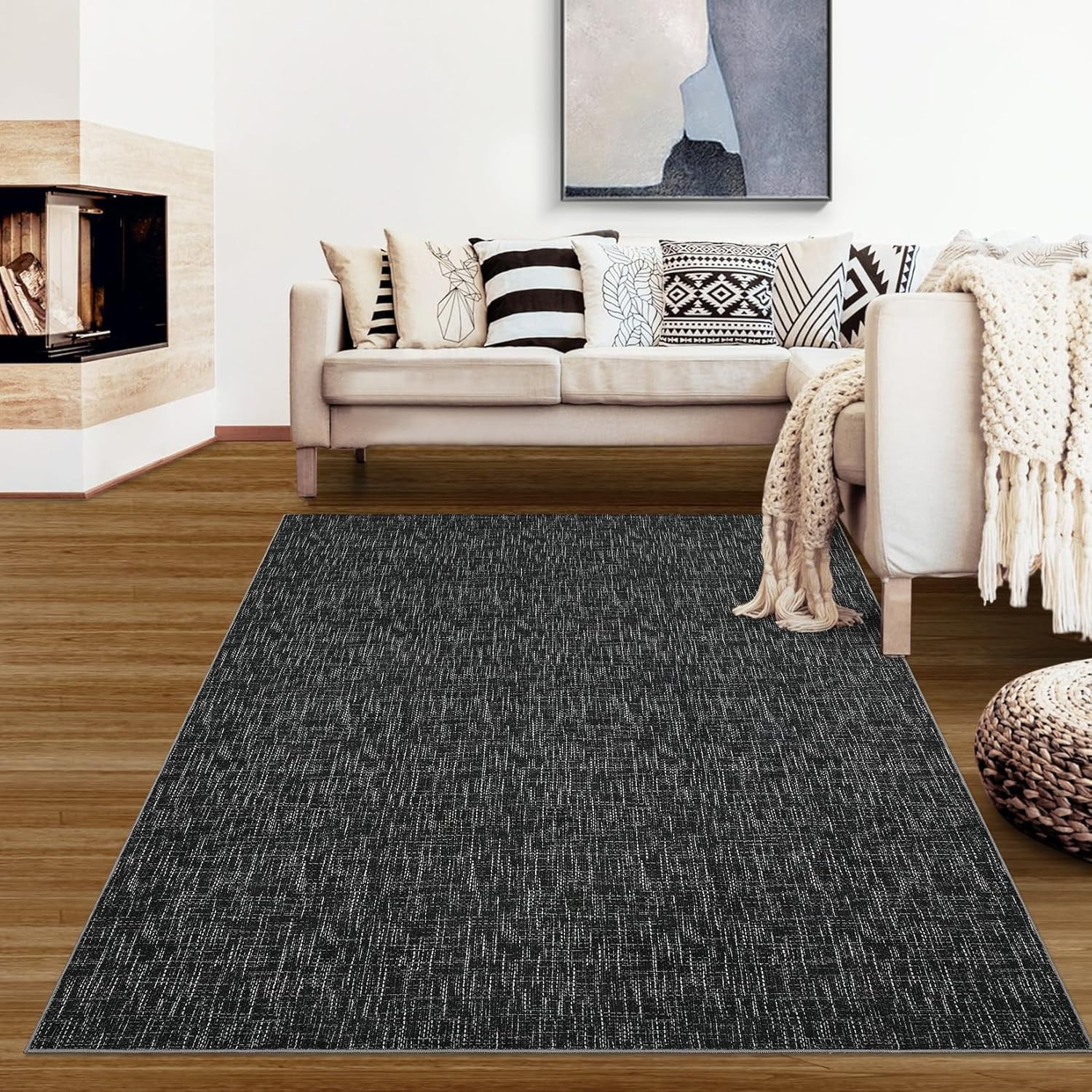 8x10 Washable Rug, Non-Slip, Modern Abstract Area Rug, Stain Resistant, Large, Contemporary Accent Throw, Floor Carpet, Dining, Home Decor, Black.