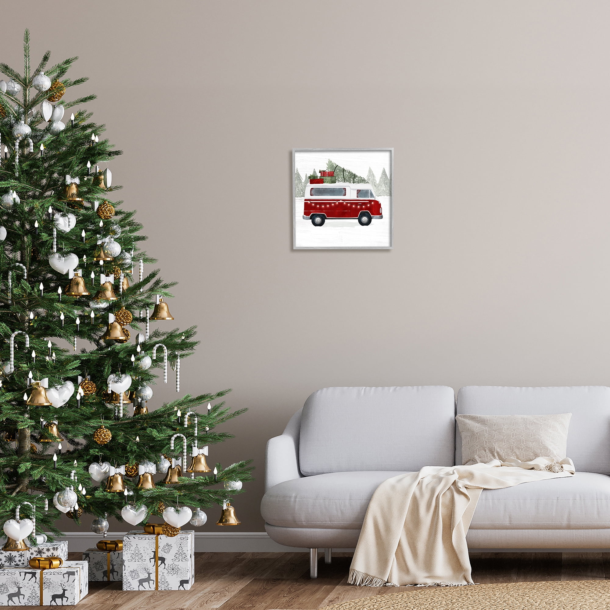 Red Van Holiday Lights Carrying Christmas Presents Transportation Painting Framed Art Print Wall Art