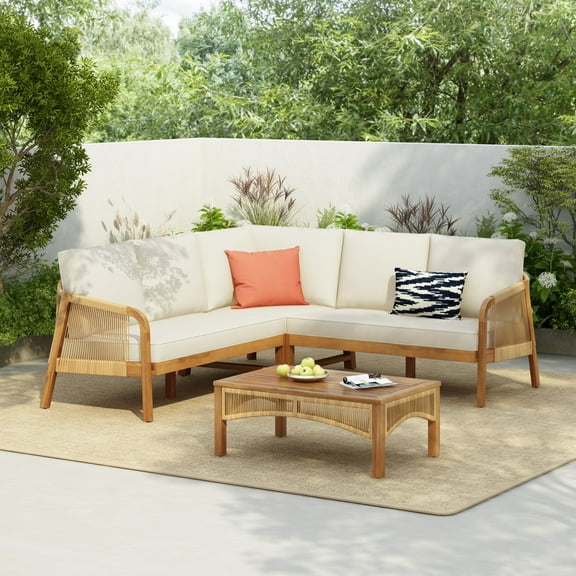 Christopher Knight Home 4-Piece Outdoor L-Shaped Sectional Wood Conversation Set, Beige Cushions