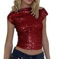 thumbnail image 2 of ZHOGXU Women's T Shirt Round Neck Short Sleeved Solid Color Sequin Backless Comfortable Fashion Slim Fit Top For Casual Daily Wear,Red,M, 2 of 6
