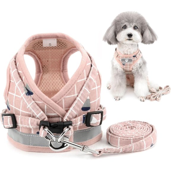 No Pull Small Dog Harness and Leash Set Adjustable Reflective Step-in Chihuahua Vest Harnesses Mesh Padded Plaid Escape Proof Walking Puppy Jacket for Boy Girl Pet Dogs Cats