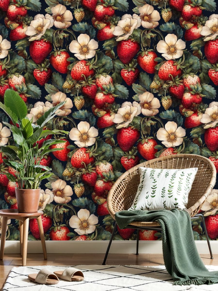 Peel and Stick Wallpaper 23.6in x 9.8ft Vibrant Strawberry Blossom Floral Intricate Detailing Contact Paper Vinyl Self-Adhesive Removable Wall Paper for Bedroom Kitchen Cabinet Décor Renter Friendly