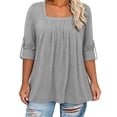 thumbnail image 5 of RYRJJ Plus Size Tops for Women 3/4 Rolled Sleeve Tunics Pleated Front Square Neck T-Shirts Dressy Casual Loose Fit Blouses, 5 of 9