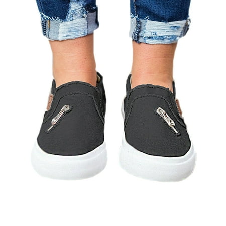 Black Signature Loafers Shoes - Womens Canvas Shoes Vintage Flat Slip On Sneakers Casual Stitching Loafers