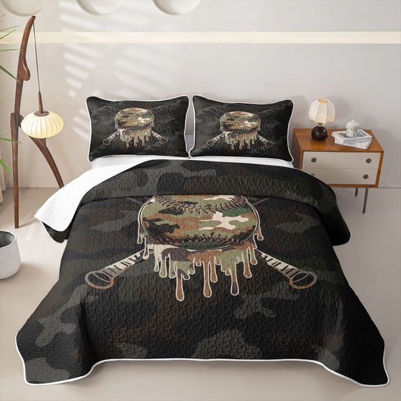 Homewish Drip Camo Baseball Twin Quilt Set, Sport Twin Coverlet Set for Men and Boys, 2pcs, 1 Comforter and 1 Pillowcase