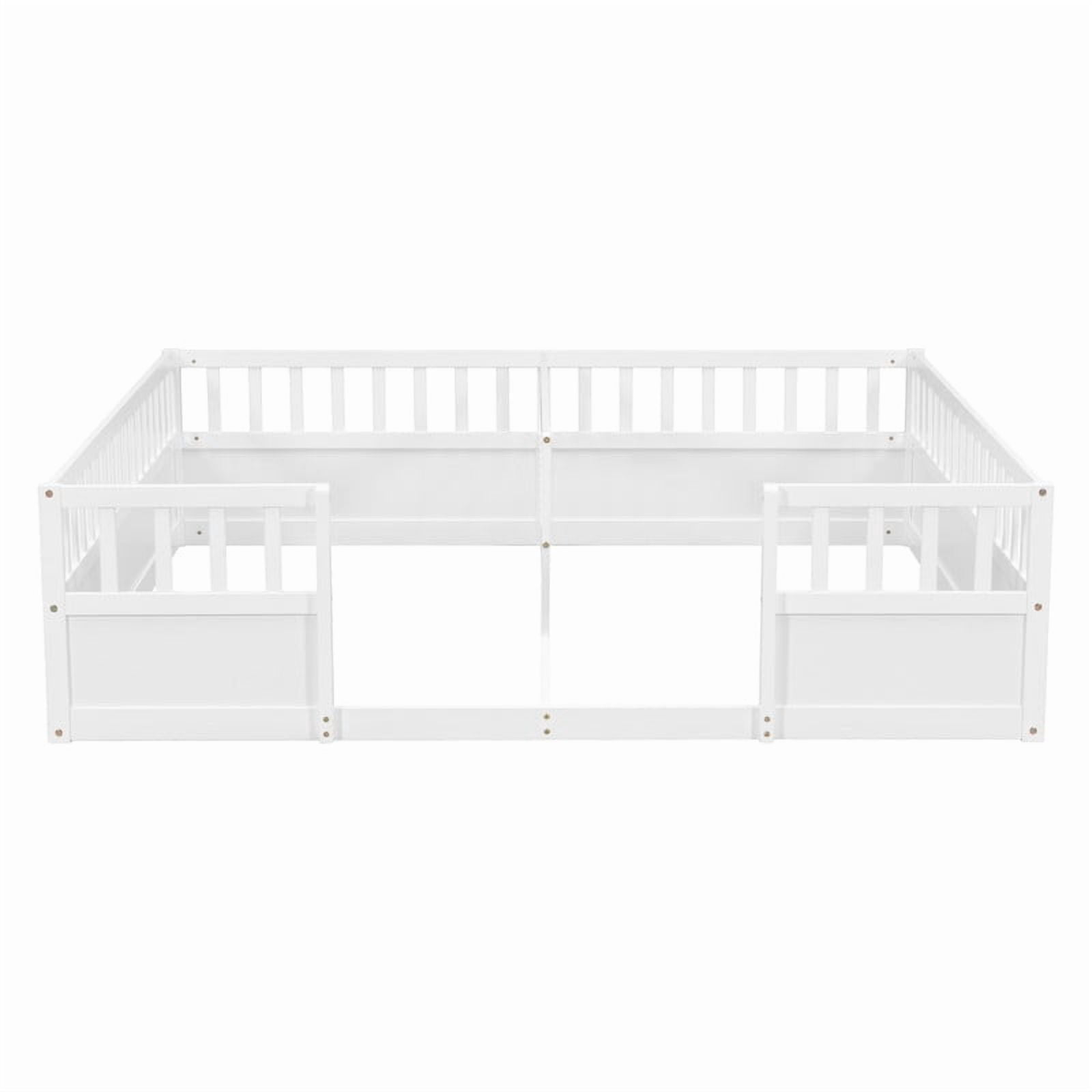 Twin Size Horizontal Floor Bunk Bed Frame with Semi-Enclosed Safety Guardrails, Wood Low Profile Kids Bed with Open Entrance