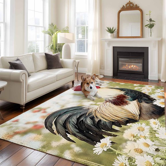 6'x9' Area Rugs, Spring Floral Rooster Indoor Outdoor Area Rug for Living Room Bedroom, Vintage Rooster Pastoral Washable Bathroom Rugs Kitchen Floor Carpet Mats Home Decor Aesthetic