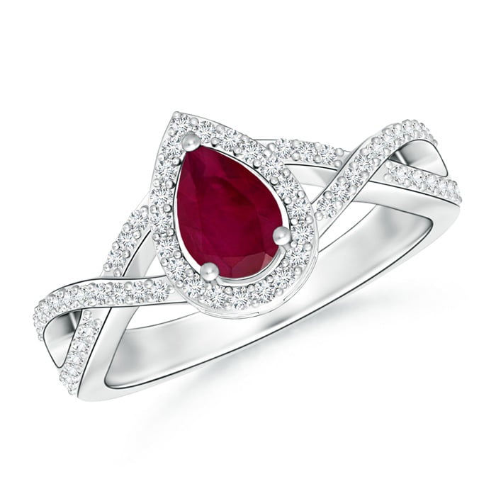 Angara - July Birthstone Ring - Twist Shank Pear Ruby Ring with Diamond
