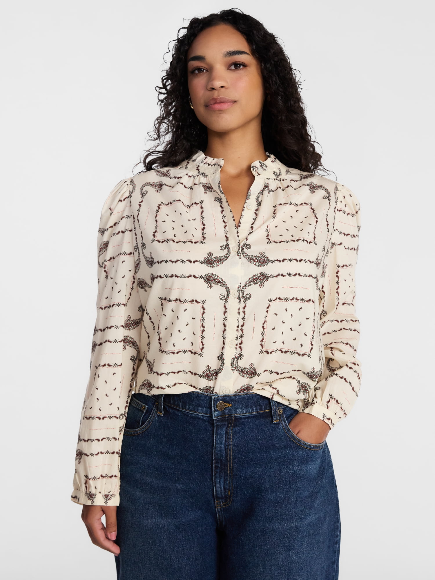 Scenario Women's Ruffle Collar Top with Long Sleeves, Sizes XS-XXXL
