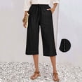 thumbnail image 3 of Titcea Capri Pants for Women Cotton Linen Drawstring Elastic High Waisted Wide Leg Casual Pants with Pockets Breathable Beach Vacation Capris Black, 3 of 8